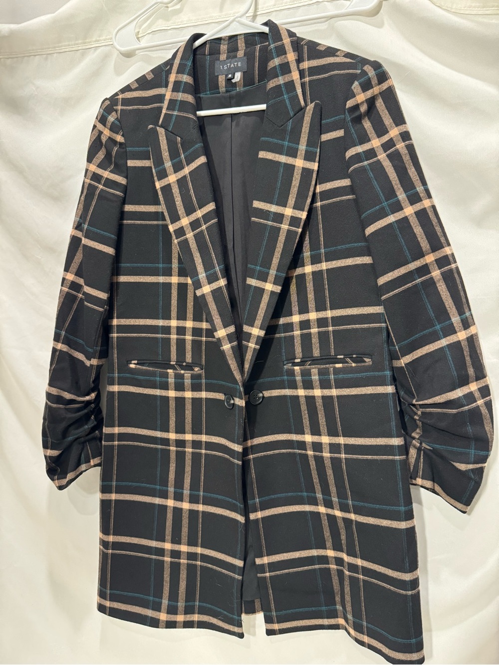 1. STATE Plaid Ruched-Sleeve Longline Blazer